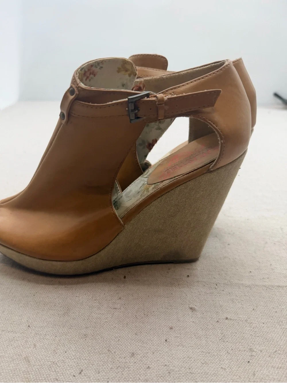 Unlisted Wedge Peep-Toe Ankle Strap Sandal in Tan